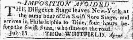 Newspaper notice titled “Imposition Avoided” comparing the Diligence Stage and Swift Sure stage services between New York and Philadelphia, noting departure times and that the Diligence arrives earlier, allowing passengers time to dine.