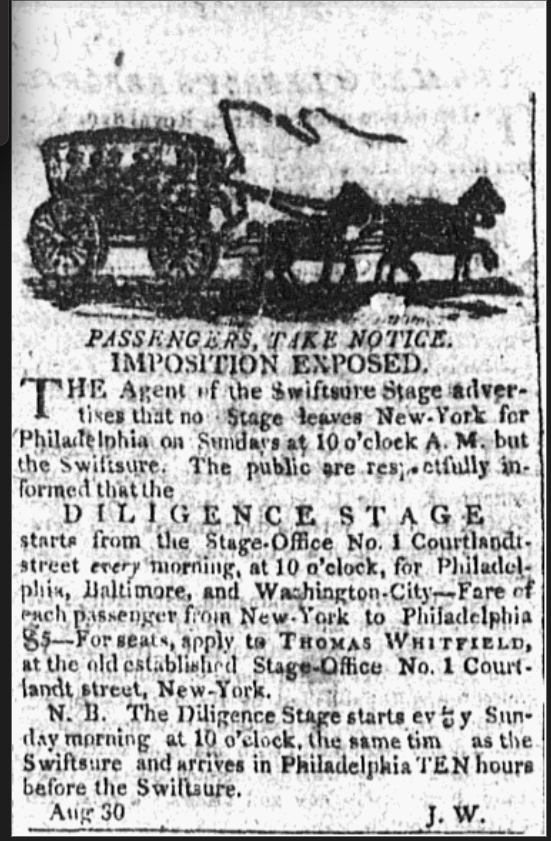 Newspaper advertisement with a small illustration of a horse-drawn coach. Headlined “Passengers, Take Notice. Imposition Exposed,” it criticizes the Swiftsure Stage and promotes the Diligence Stage, detailing departure times, routes from New York to Philadelphia and beyond, fares, and claiming faster travel, including Sunday service arriving ten hours earlier.