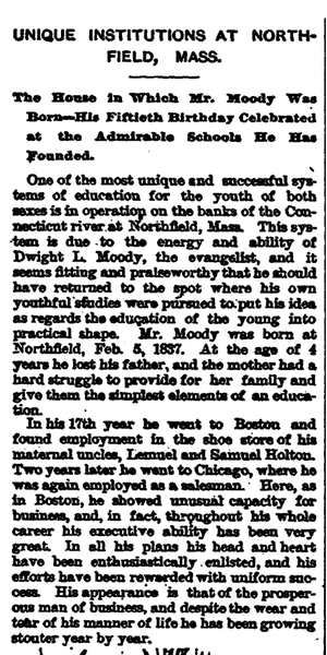 Narrow black-and-white newspaper clipping titled “Unique Institutions at North Leeds, Maine.” The article describes religious and educational buildings