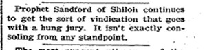 Black-and-white newspaper clipping with a short printed paragraph about “Prophet Sandford of Shiloh.” The text comments on the public attention surrounding Sandford and references a hung jury in his case. The clipping is cropped closely around the article text.