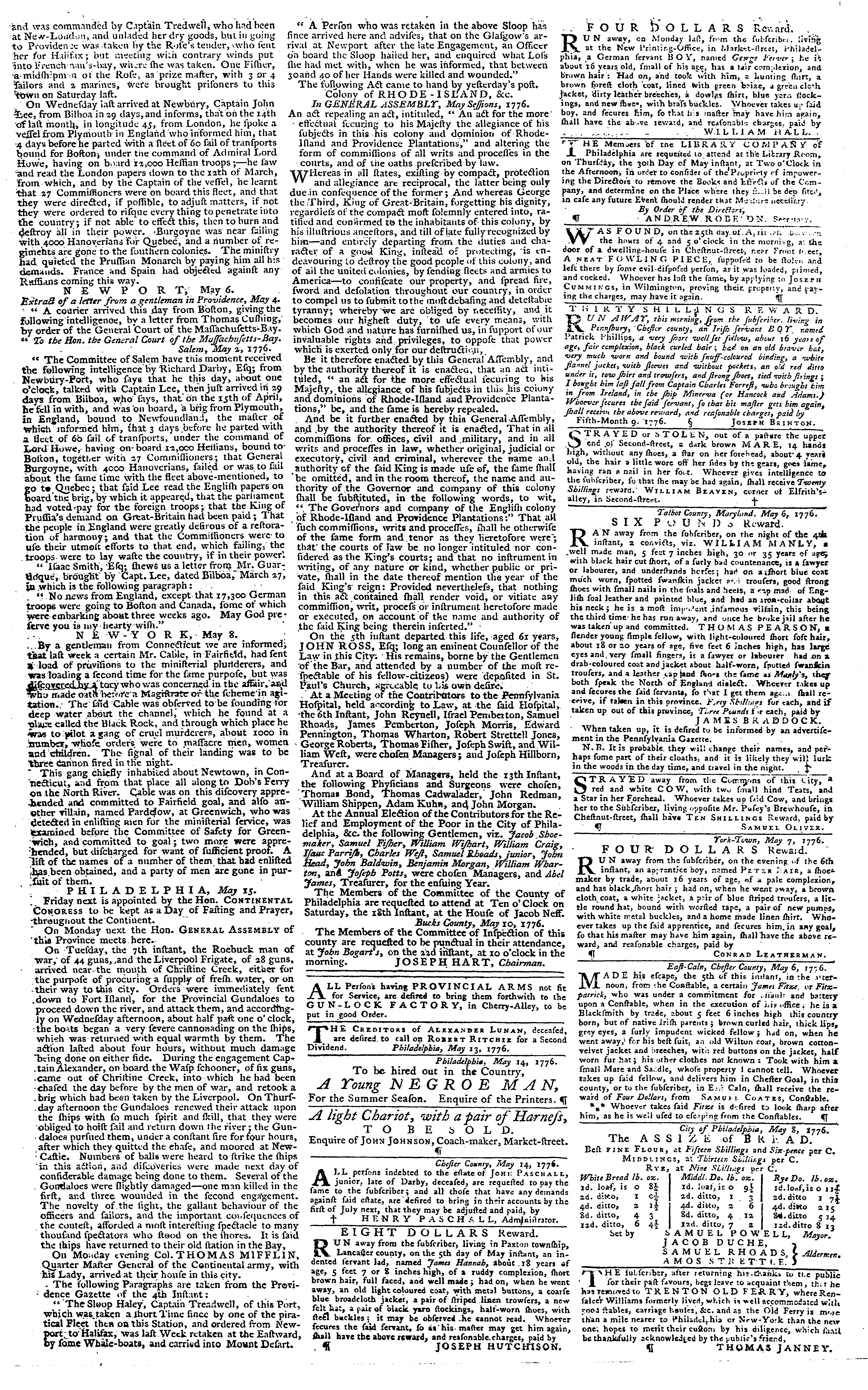 Scanned 18th-century newspaper page filled with dense, small serif text in multiple columns. Headlines and notices appear throughout, including advertisements, public announcements, and reports. The layout is tightly packed with minimal spacing, typical of colonial-era printing.