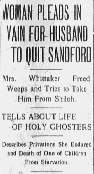 Black-and-white newspaper article with the headline “Woman Pleads in Vain for Husband to Quit Sandford.” The story describes testimony about life among the Holy Ghosters and the death of a child from starvation. Dense columns of text fill the narrow clipping in a traditional early newspaper style.