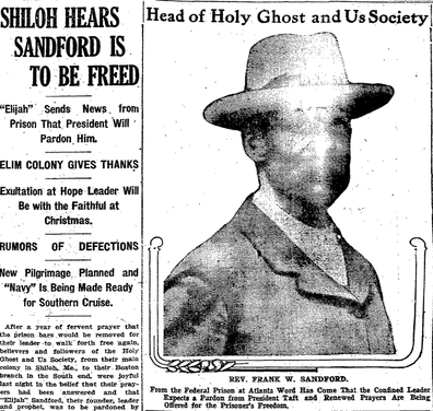 Black-and-white newspaper front page featuring the headline “Shiloh Hears Sandford Is to Be Freed.” A large portrait of Frank W. Sandford wearing a wide-brimmed hat appears near the top center. Additional headlines and dense columns of text discuss legal proceedings, rumors, and events connected to the Shiloh religious movement.