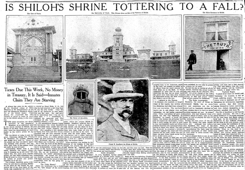Black-and-white newspaper front page with the headline “Is Shiloh’s Shrine Tottering to a Fall?” The page includes several photographs of buildings, a doorway with a “The Truth” sign, and a portrait of Frank W. Sandford. Multiple columns of text discuss financial troubles and conditions at the Shiloh religious community in Maine.
