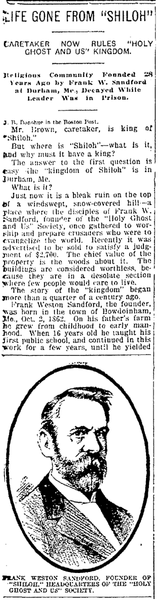 Tall black-and-white newspaper page featuring an article about “Shiloh” and Rev. Frank W. Sandford. The layout includes dense columns of text, an oval portrait illustration of a bearded man, a small cartoon drawing near the top, and an advertisement near the bottom. The page follows a traditional early newspaper design with tightly packed content.