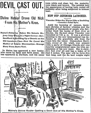 Black-and-white newspaper page with the headline “Devil Cast Out.” The article describes a dramatic religious event connected to a sect in Maine and includes several illustrations, including a man speaking to seated listeners and smaller drawings of expressive figures. Dense columns of text fill most of the page in a traditional newspaper layout.