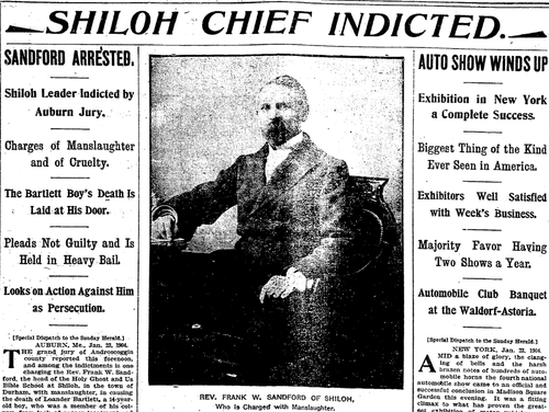 Black-and-white newspaper front page featuring the headline “Shiloh Chief Indicted” above an article about Sandford. A portrait of a bearded man standing beside a chair appears near the top center. Multiple columns of dense text and additional headlines fill the rest of the page in a classic early newspaper layout.
