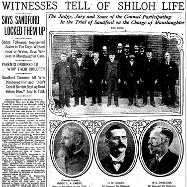 Black-and-white newspaper page with the headline “Witnesses Tell of Shiloh Life.” The article discusses testimony in the Sandford manslaughter trial and includes a group photograph of men connected to the case, along with three oval portrait photos labeled with names and roles. Dense columns of text surround the images in a traditional newspaper layout.
