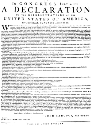 The full printed text of the Declaration of Independence as published in 1776, showing the complete document with preamble, grievances, and signatures, displaying the formal proclamation of American independence from Great Britain.