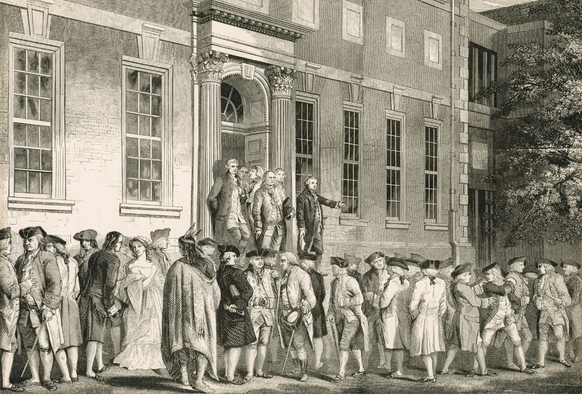 Historical engraving depicting a crowd gathered outside a colonial-era building with classical columns and architecture. Figures in 18th-century dress stand on the building's steps and entrance while others assemble in the foreground. The scene illustrates the public reading of the Declaration of Independence in colonial Philadelphia, a pivotal moment in American history.