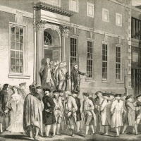 Historical engraving depicting a crowd gathered outside a colonial-era building with classical columns and architecture. Figures in 18th-century dress stand on the building's steps and entrance while others assemble in the foreground. The scene illustrates the public reading of the Declaration of Independence in colonial Philadelphia, a pivotal moment in American history.