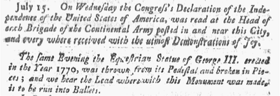 Newspaper excerpt describing the Continental Army's reaction to the Declaration of Independence.
