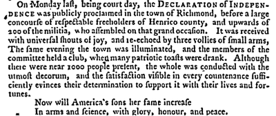 Newspaper excerpt from the Virginia Gazette describing the public proclamation of the Declaration of Independence.