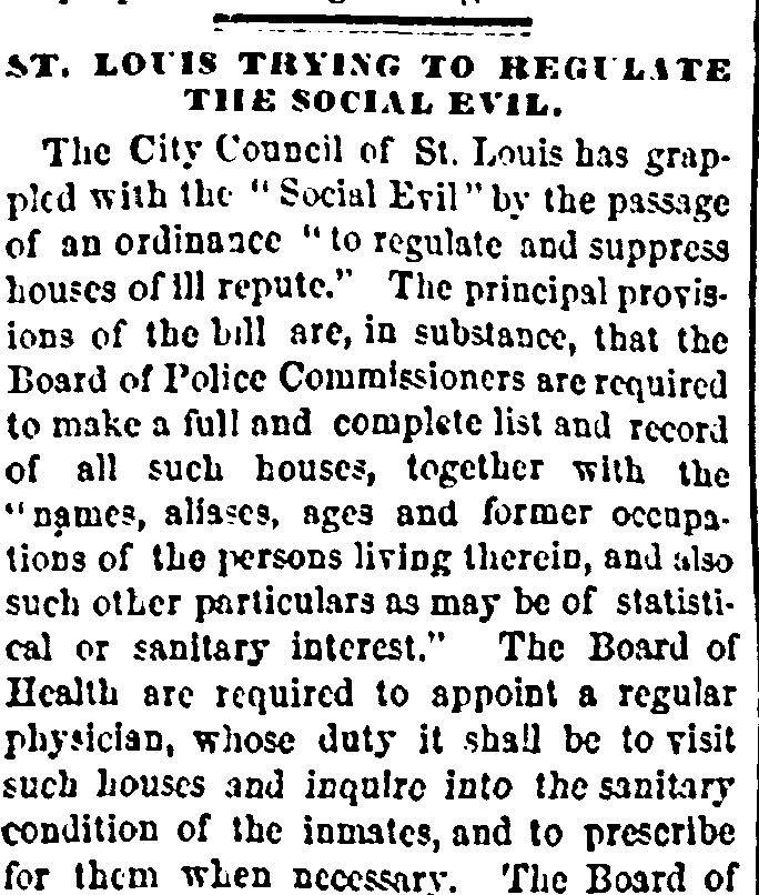 Newspaper clipping titled “St. Louis Trying to Regulate the Social Evil.” It describes a city ordinance regulating and suppressing “houses of ill repute,” including police registration of residents and medical inspections overseen by the Board of Health.