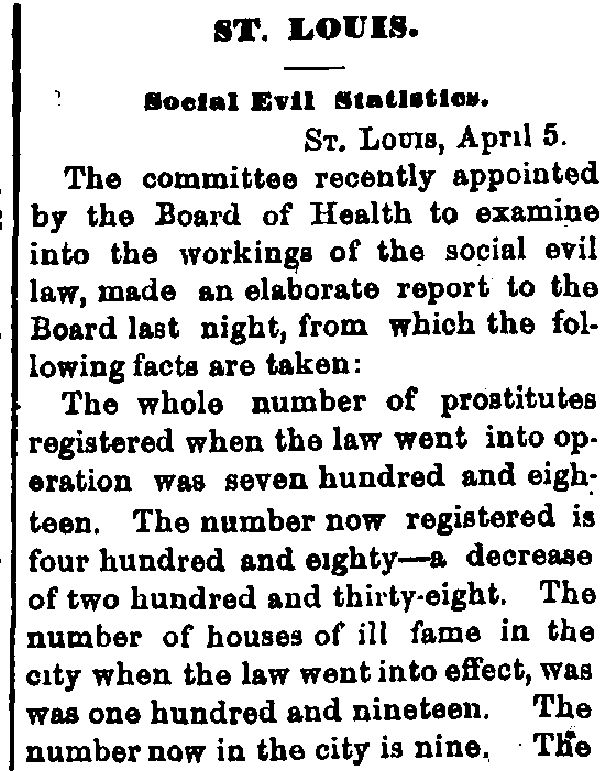 Newspaper clipping titled “St. Louis—Social Evil Statistics.” It reports findings on St. Louis’s regulation law, including a decline in registered prostitutes from 718 to 480 and a reduction in houses of ill fame after the law took effect.