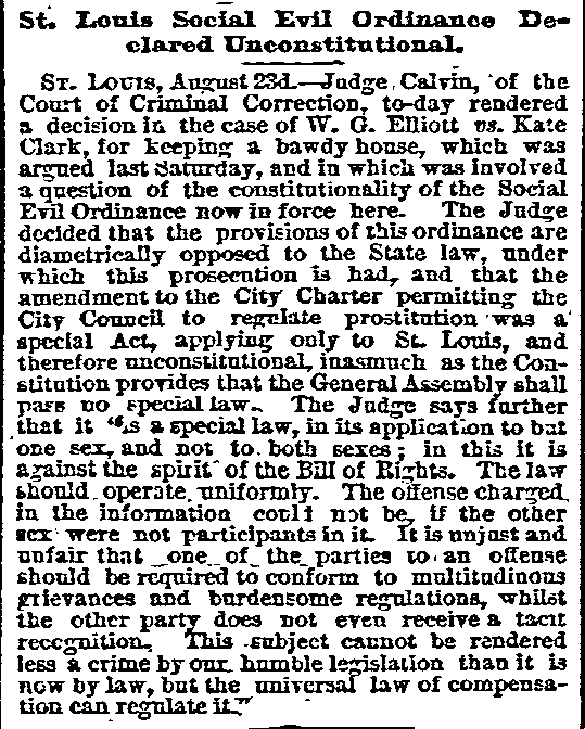 Newspaper clipping titled “St. Louis Social Evil Ordinance Declared Unconstitutional.” It reports a judge’s ruling that the ordinance regulating prostitution conflicted with state law and the city charter and constituted an unconstitutional special law.