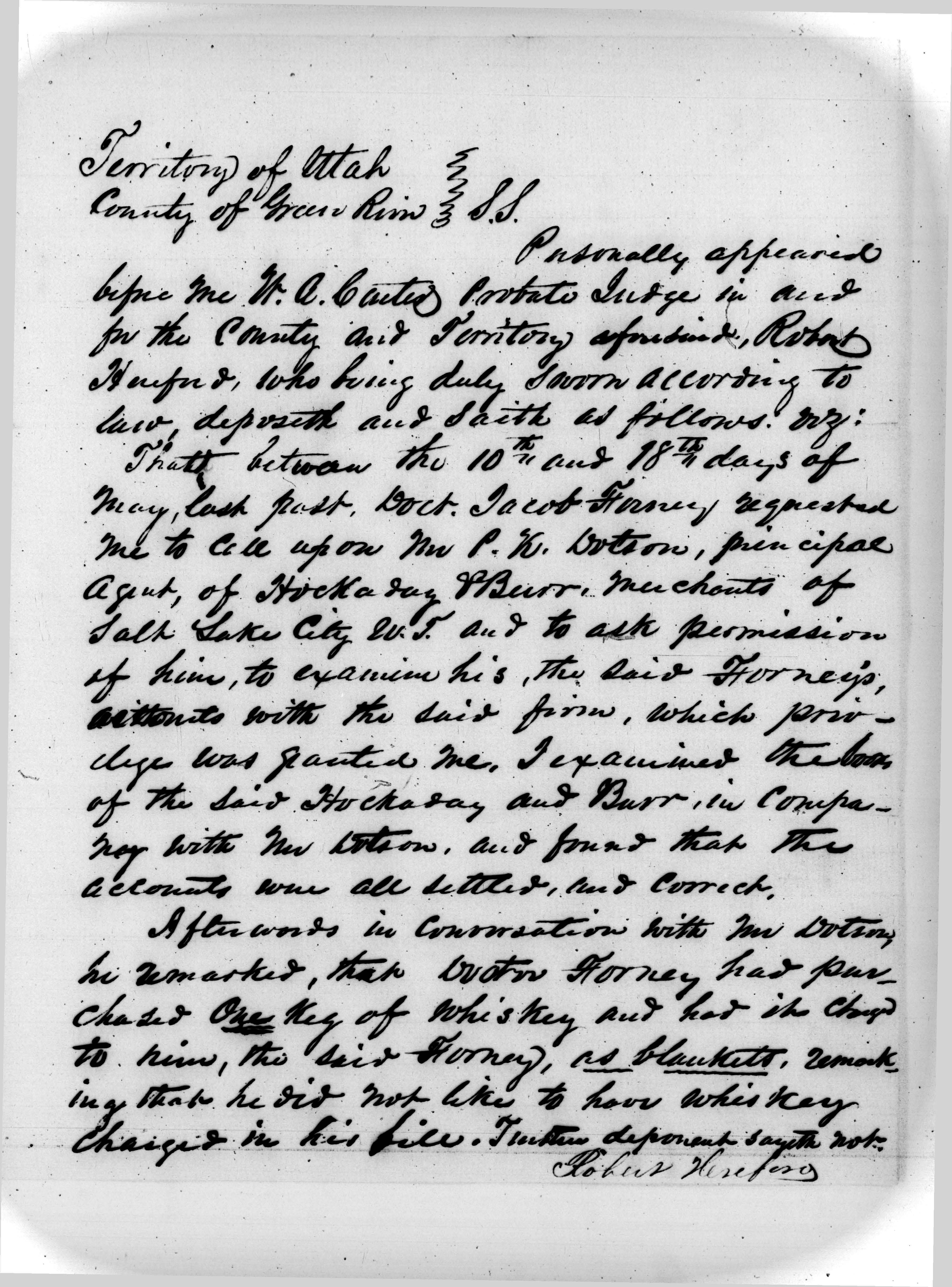 Affidavit of Robert Hereford in Relation to a Charge of the Procurement of Whiskey on Jacob Forney's Account, July 7, 1860