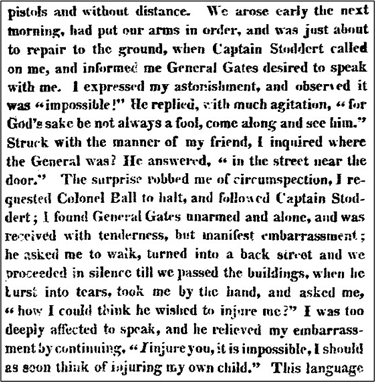 Newspaper excerpt recounting an emotional meeting with General Gates, describing tension, tears, and a denied injury accusation.