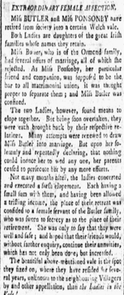 Newspaper clipping titled “Extraordinary Female Affection,” describing two women who formed a close relationship, resisted marriage, and lived together in Wales despite social pressure.