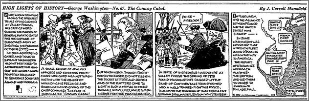 Comic strip summarizing the Conway Cabal, showing Washington, rival officers, and key events of the Revolutionary War intrigue.