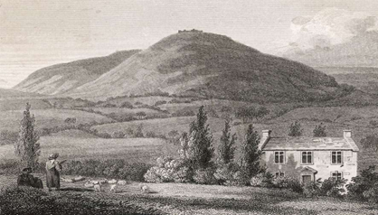 Black-and-white landscape illustration of a countryside with rolling hills, a cottage, and trees. A person stands in the foreground looking toward the house, suggesting a quiet rural setting.