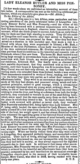 Newspaper article about Lady Eleanor Butler and Miss Ponsonby, recounting their lives together, habits, and reputation as the “Ladies of Llangollen,” including details of their home and social circle.