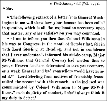 Printed 1778 letter excerpt referencing Washington, Conway, and Wilkinson, discussing intrigue and loyalty concerns.