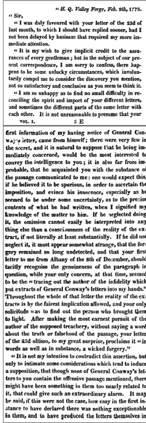 Excerpt of 1778 Valley Forge letter discussing Conway Cabal, leaked correspondence, and questions of loyalty and authenticity.