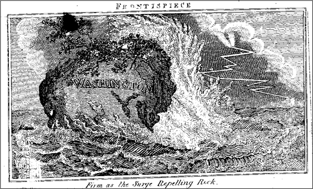 Engraving of a stormy sea striking a rock labeled Washington, symbolizing steadfastness amid turmoil.