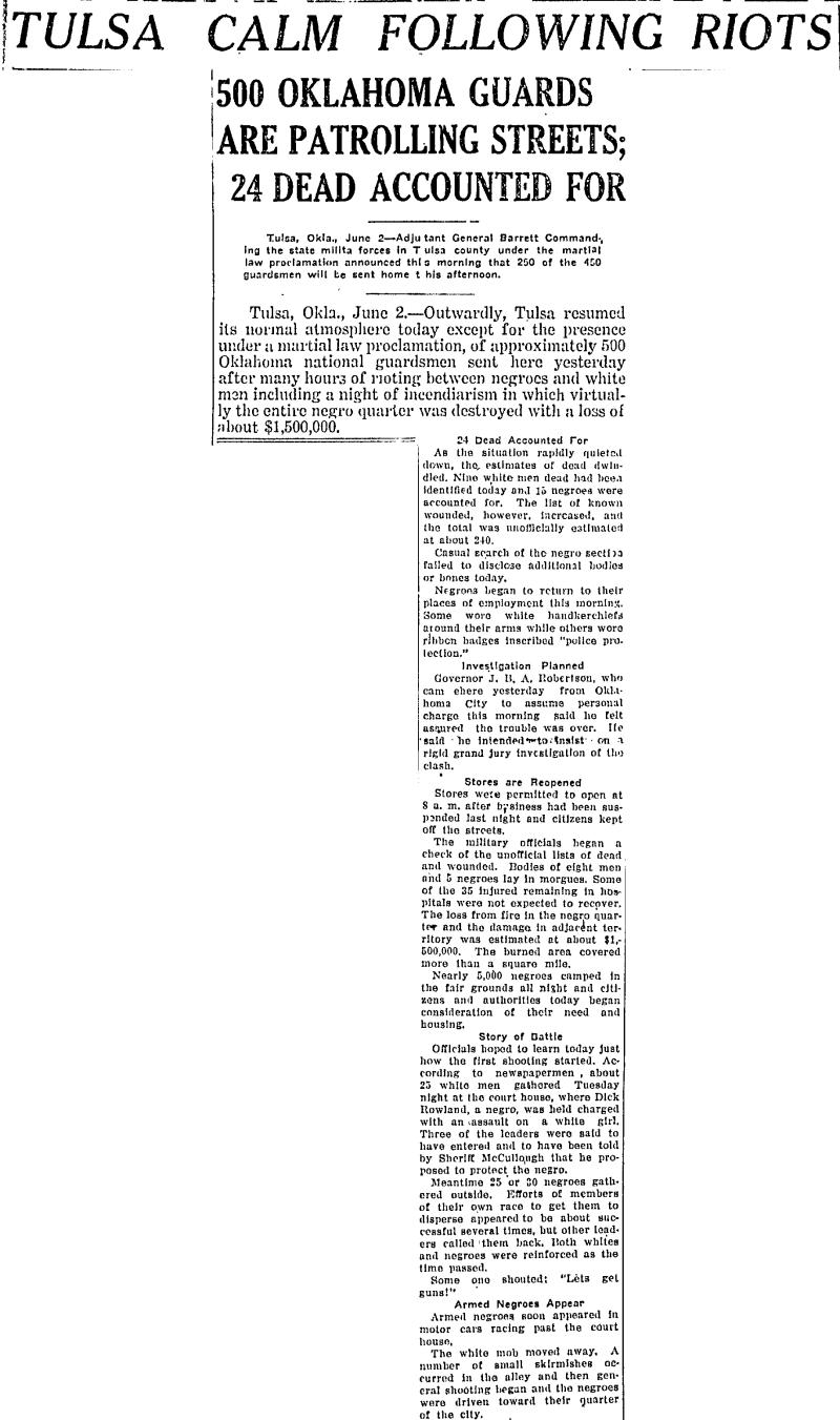 This historical newspaper clipping reports on the aftermath of the 1921 Tulsa Race Massacre, stating that Tulsa had resumed a "normal atmosphere" under martial law, with 500 National Guardsmen patrolling the streets. The article notes that 24 deaths were officially accounted for, stores were reopening, and much of the Black district was destroyed with significant financial losses.