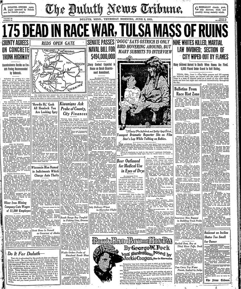 Front page of The Duluth News Tribune. The headline article reports on the 1921 Tulsa Race Massacre with the headline "175 DEAD IN RACE WAR, TULSA MASS OF RUINS," describing the widespread destruction and high casualty count. The article details martial law enforcement, fires that devastated the Black district, and the mass internment of thousands under guard.