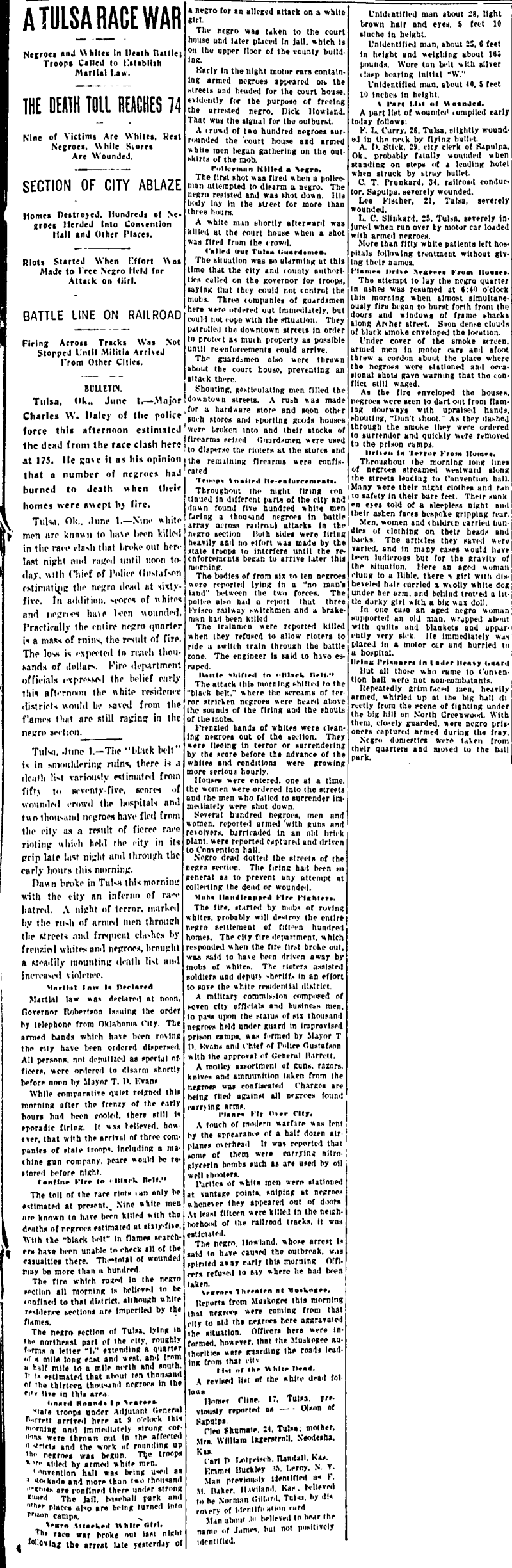 This historical newspaper clipping, titled "A TULSA RACE WAR," reports on the 1921 Tulsa Race Massacre, describing the widespread violence, destruction, and rising death toll. The article details the burning of Black neighborhoods, the deployment of troops, and ongoing clashes between white and Black residents.