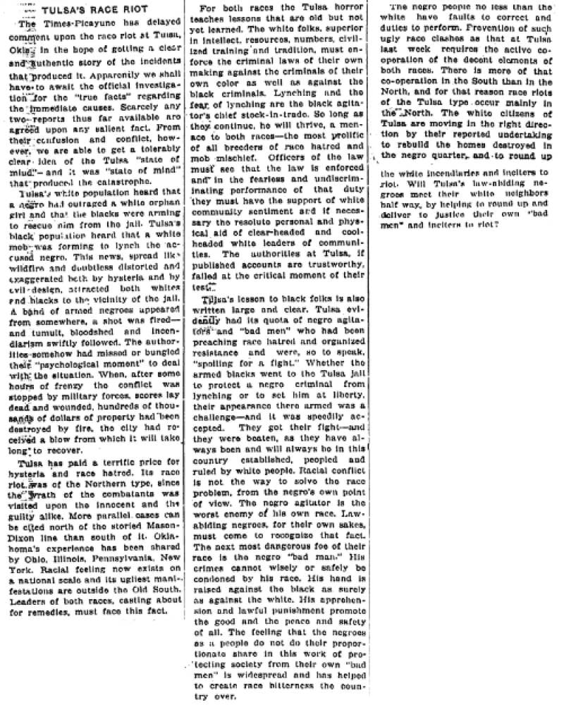 This historical newspaper clipping, titled "TULSA'S RACE RIOT," examines the causes and impact of the 1921 Tulsa Race Massacre, attributing the violence to racial tensions and systemic injustices. The article discusses the destruction, loss of Black wealth, and the broader societal implications of the massacre.