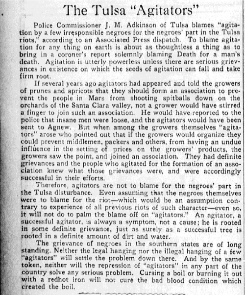 This historical newspaper clipping, titled "The Tulsa 'Agitators'," discusses the role of so-called agitators in the 1921 Tulsa Race Massacre, questioning the notion that they were responsible for the violence. The article argues that agitation stems from deeper grievances and that repressing activists will not resolve racial tensions in the South.