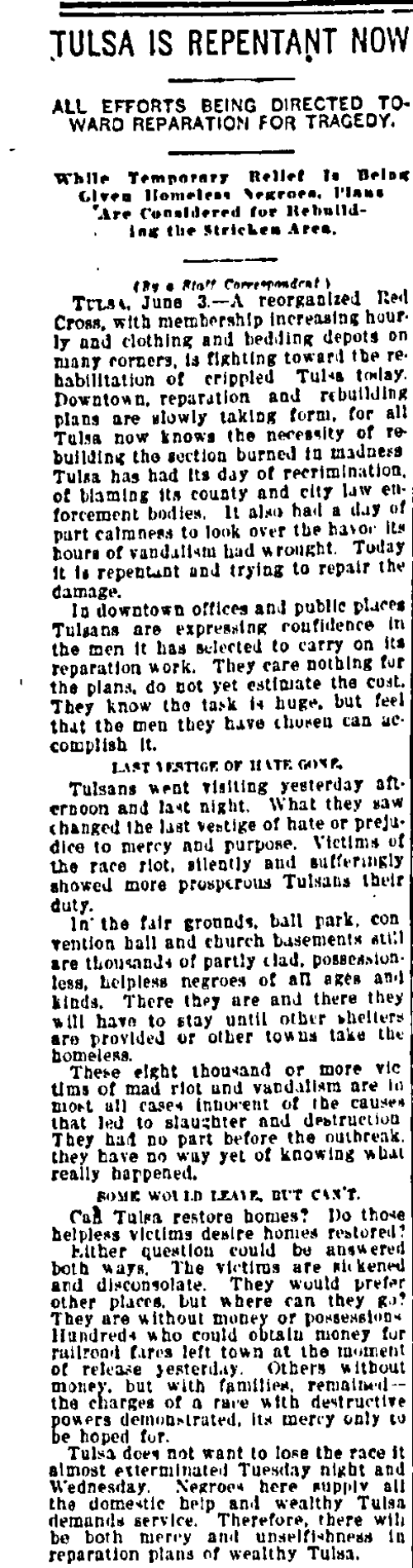 This historical newspaper clipping reports on Tulsa's response following the 1921 Race Massacre, emphasizing efforts to rebuild and aid survivors. The article discusses the financial losses, lack of insurance payouts for Black residents, and a congressional inquiry into the violence