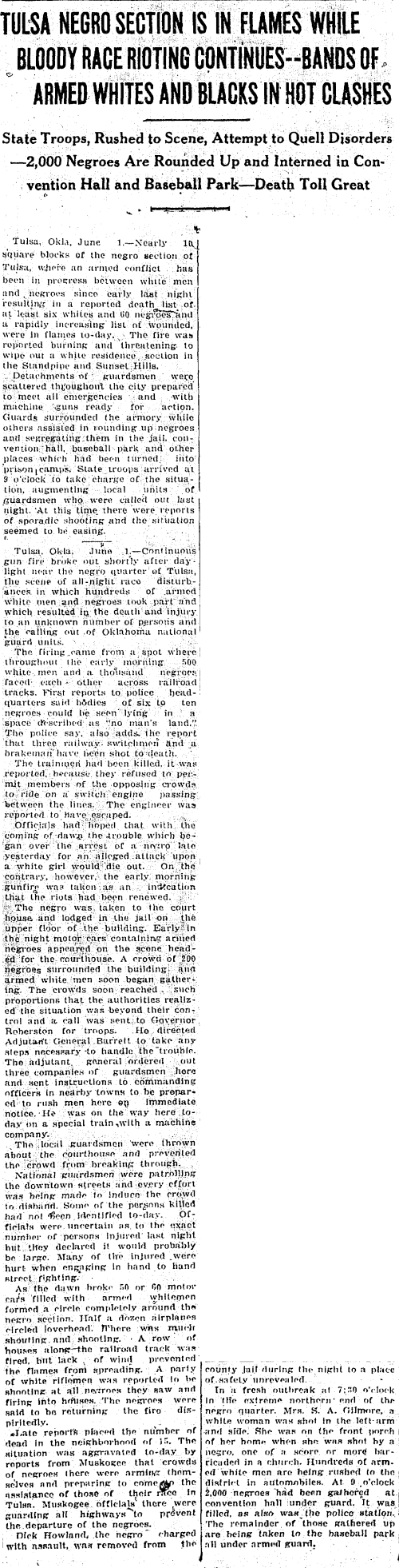 This historical newspaper clipping reports on the 1921 Tulsa Race Massacre, with the headline describing the city's Black district in flames and violent clashes between armed white and Black residents. The article details the intervention of state troops, the mass internment of Black residents, and the high death toll.