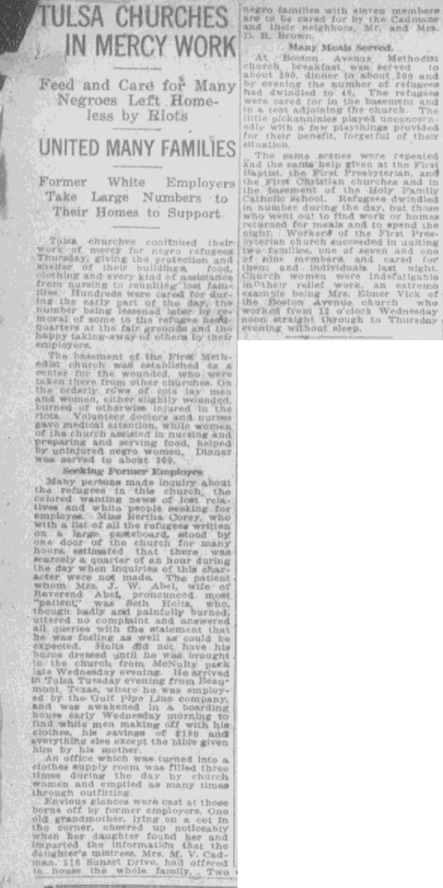 This historical newspaper clipping titled "TULSA CHURCHES IN MERCY WORK" describes efforts by churches to feed and shelter Black residents left homeless by the 1921 Tulsa Race Massacre. The article highlights aid provided by white employers and religious organizations in the aftermath of the destruction.