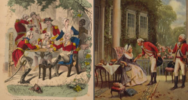 From the Library of Congress. Two hand painted images of American women and British soldiers. On left a Quaker woman detains an English General with tea. On right, a woman receives British soldiers on a porch.