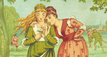 Illustration of two women in regency-style dresses standing in a grassy field under a tree. One in green holds a small flower while the other in a patterned red dress leans in closely, suggesting intimacy. In the background, figures work in a field near a distant village.