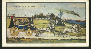 Illustration labeled “American Stage Coach” showing a horse-drawn coach carrying passengers along a road, with a driver in front. Two white horses pull the coach at speed past a coastal landscape featuring buildings, a fence, and a body of water with a smoking ship in the distance.